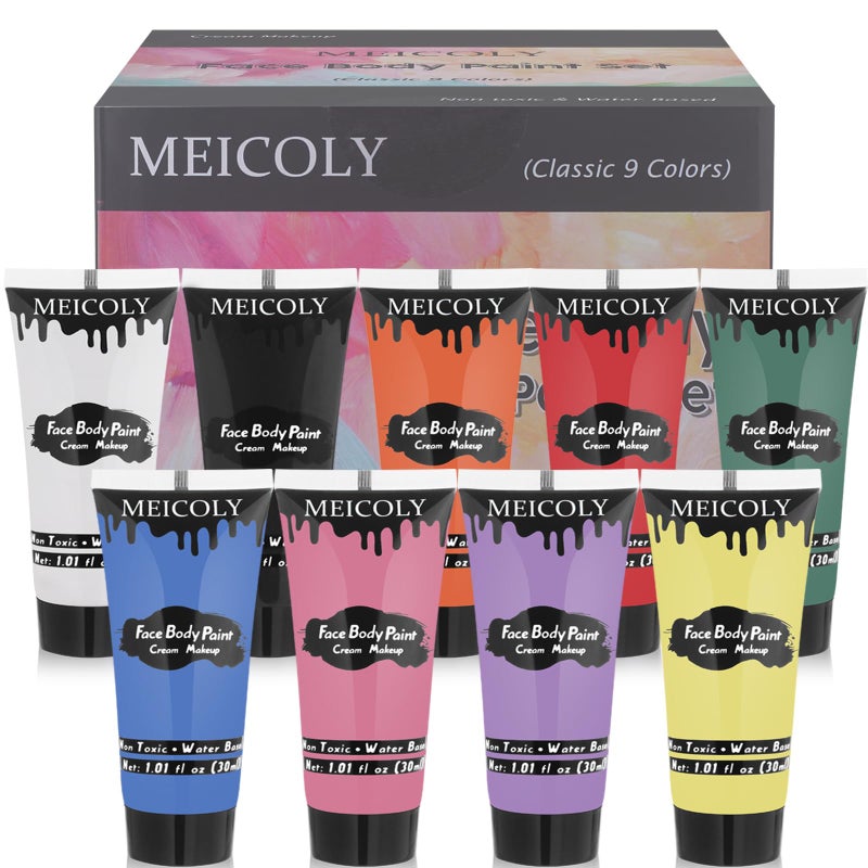 مجموعة طلاء الوجه والجسم من MEICOLY 9 ألوان 101x9 أونصة صندوق للأطفال والبالغين طلاء وجه قابل للغسل قائم على الماء آمن لطلاء الجسم الكريمي للجلد مجموعة طلاء الوجه لعيد الهالوين مكياج SFX كوسبلاي أداء مسرحي