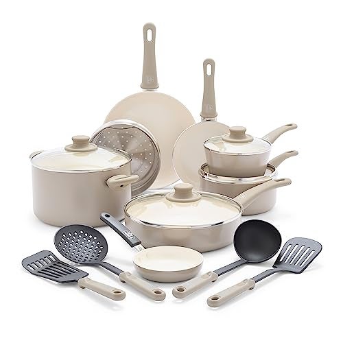 GreenLife 16 Piece Nonstick Cookware Set, Soft Grip Non-Toxic PFAS-Free Ceramic Pots & Pans, Dishwasher & Oven Safe, Frying, Sauce, Saute, Utensils, Glass Lids, Stay-Cool Handles, Wobble Free, Taupe - Image 1
