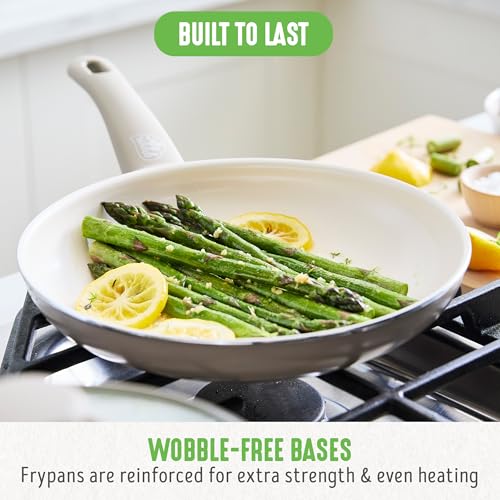 GreenLife 16 Piece Nonstick Cookware Set, Soft Grip Non-Toxic PFAS-Free Ceramic Pots & Pans, Dishwasher & Oven Safe, Frying, Sauce, Saute, Utensils, Glass Lids, Stay-Cool Handles, Wobble Free, Taupe - Image 3