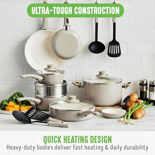 GreenLife 16 Piece Nonstick Cookware Set, Soft Grip Non-Toxic PFAS-Free Ceramic Pots & Pans, Dishwasher & Oven Safe, Frying, Sauce, Saute, Utensils, Glass Lids, Stay-Cool Handles, Wobble Free, Taupe - Image 2