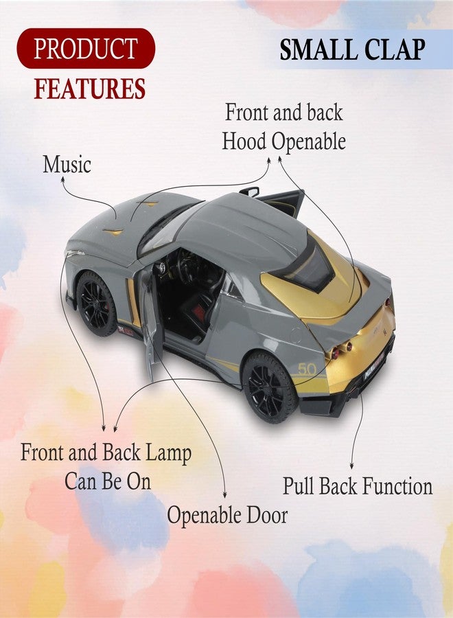 SMALL CLAP® Miniauto 1:24 Nissan GTR 50 Diecast Model Pull Back | Openable Door Function | Front Hood & Back Dicky Openable | Front & Back Lamp Can be On | Lights & Music for 3 Years & above (Grey) - Image 2