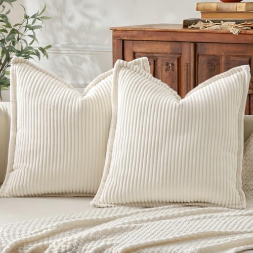 Mecatny Corduroy Christmas Throw Pillow Covers 18x18 Set of 2, Neutral Decorative Soft Boho Couch Pillow Covers with Broadside for Sofa Living Room, Cream White - Image 5