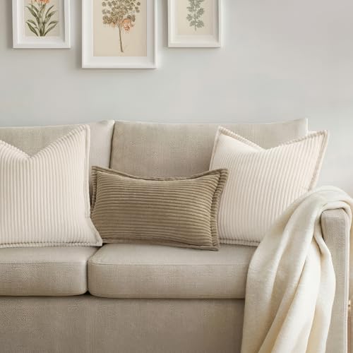 Mecatny Corduroy Christmas Throw Pillow Covers 18x18 Set of 2, Neutral Decorative Soft Boho Couch Pillow Covers with Broadside for Sofa Living Room, Cream White - Image 2