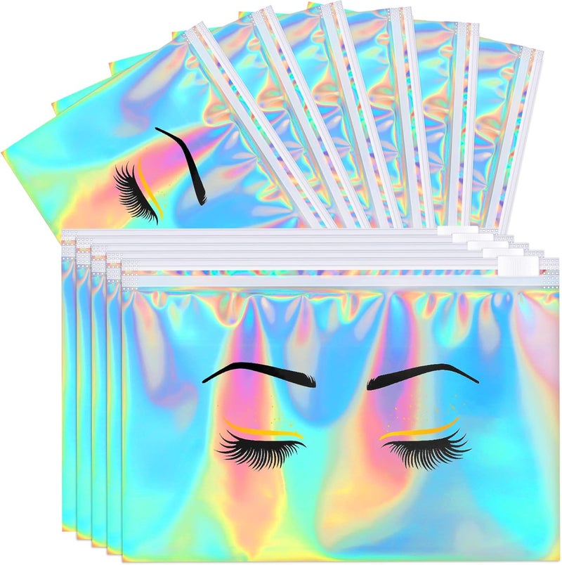Kajaia Kajaia 60 Pack Holographic Lash Aftercare Bags Empty Eyebrow Eyelash Cosmetic Makeup Bag 6 x 4 in EVA Zipper Beauty Gift Pouches for Women Girls Small Business(Colorful)