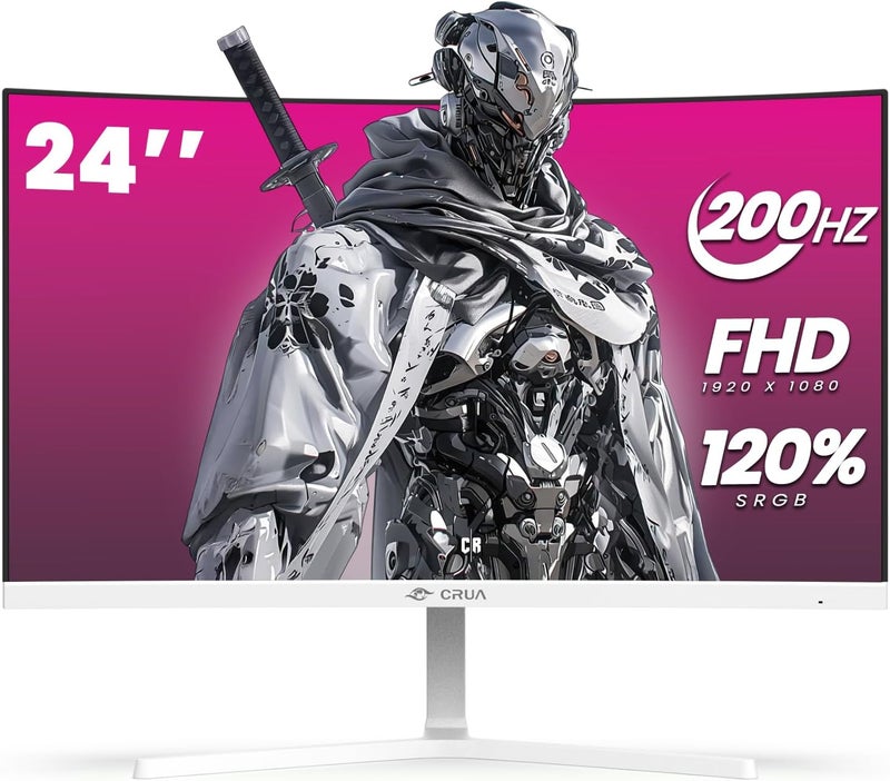 CRUA شاشة ألعاب 24 بوصة منحنية، 165Hz/200Hz، FHD 1920×1080، 120% SRGB، AMD FreeSync، فلتر ضوء أزرق، للألعاب والمكتب، قابلة للتثبيت على الحائط - أبيض - Image 1