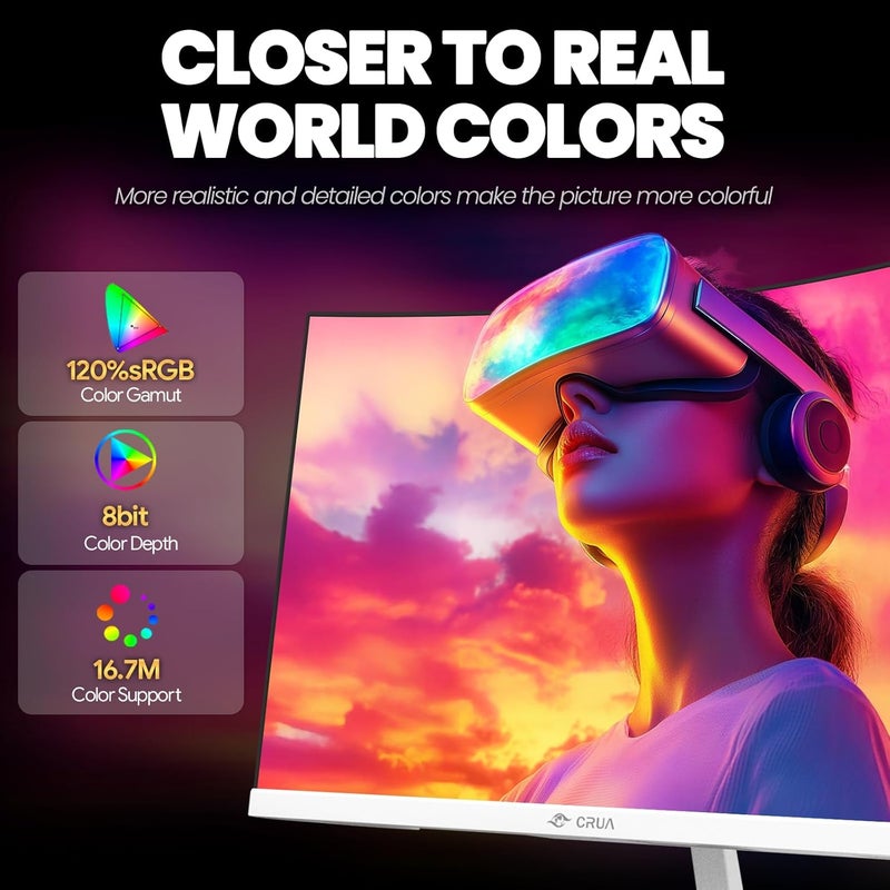 CRUA شاشة ألعاب 24 بوصة منحنية، 165Hz/200Hz، FHD 1920×1080، 120% SRGB، AMD FreeSync، فلتر ضوء أزرق، للألعاب والمكتب، قابلة للتثبيت على الحائط - أبيض - Image 3