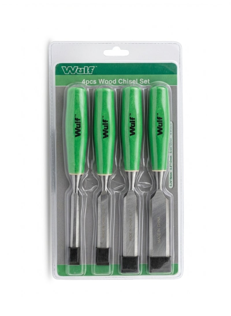 WULF 4-Piece Wood Chisel Set 0.25-Inch to 1-Inch with Hardened Steel Blades & Ergonomic Wooden Handles, Professional Woodworking Chisel Kit for Carpentry, Wood Carving, Furniture Repair & DIY Projects - Image 1