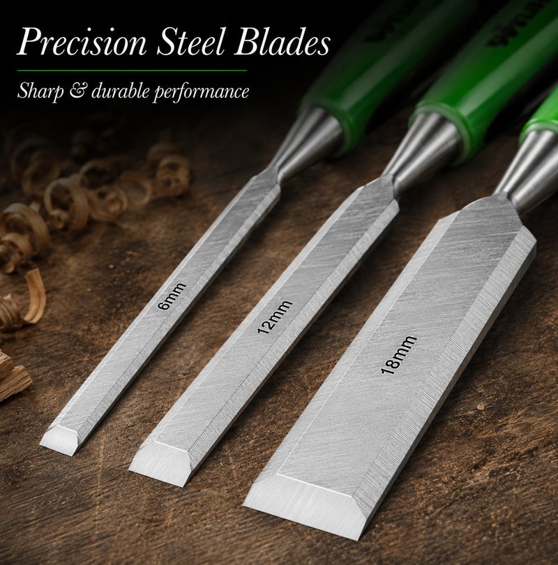WULF 4-Piece Wood Chisel Set 0.25-Inch to 1-Inch with Hardened Steel Blades & Ergonomic Wooden Handles, Professional Woodworking Chisel Kit for Carpentry, Wood Carving, Furniture Repair & DIY Projects - Image 4