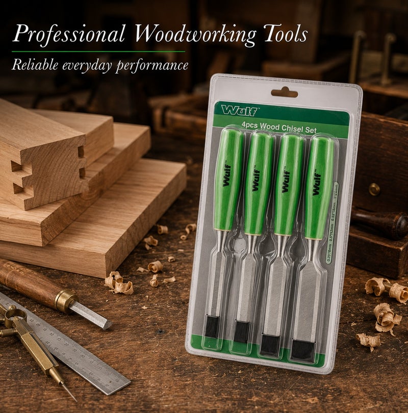 WULF 4-Piece Wood Chisel Set 0.25-Inch to 1-Inch with Hardened Steel Blades & Ergonomic Wooden Handles, Professional Woodworking Chisel Kit for Carpentry, Wood Carving, Furniture Repair & DIY Projects - Image 5