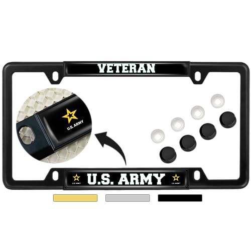 BestLicensePlateFrames [Officially Licensed Product] - Veteran U.S. Army with Star Logo - Domed Custom-Made Personalized Narrow (Thin) Top 4 Hole Metal Car License Plate Frame with Free caps - Black (Quantity: 1 Frame) - Image 1