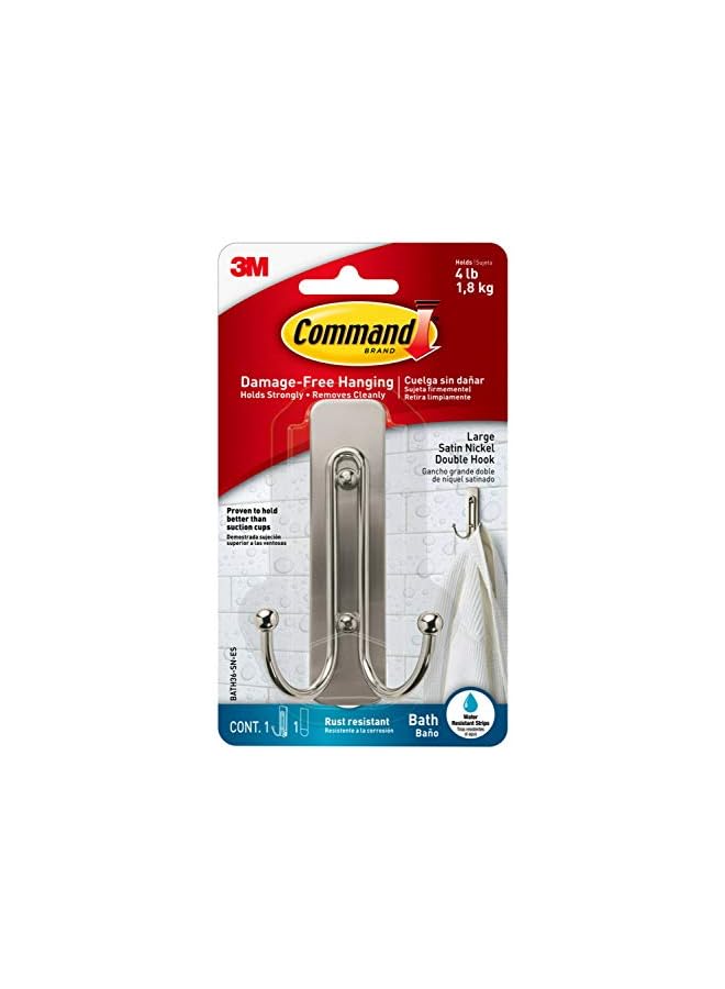 Command Bath Large  Double Hook, Satin Nickel with Bath Strips, Organize and decorate Damage Free, 1 Hook+2 Strips/Pack - Image 2