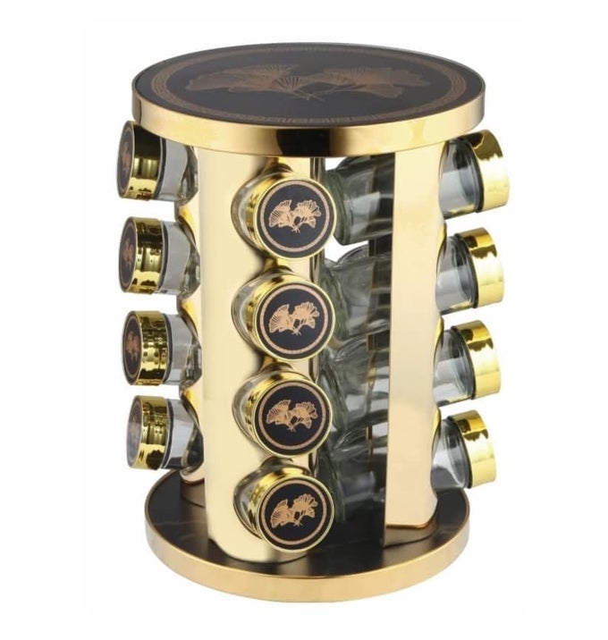 GOLDEN SPICE RACK WITH 16 ROUND SPICE JARS 360 ROTATING STAINLESS STEEL SPICE CAROUSEL SPICE ORGANISER SPICE RACK STANDING SPICE JARS WITH SHAKER INSERT SPICE JAR21X21 28CM
