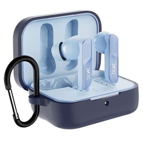 Sounce Earphone Case Cover for Boat Airdopes 800 TWS Soft Silicone Skin Case Cover Shock Absorbing Protective Case with Keychain [Front LED Visible] - Blue - Image 1