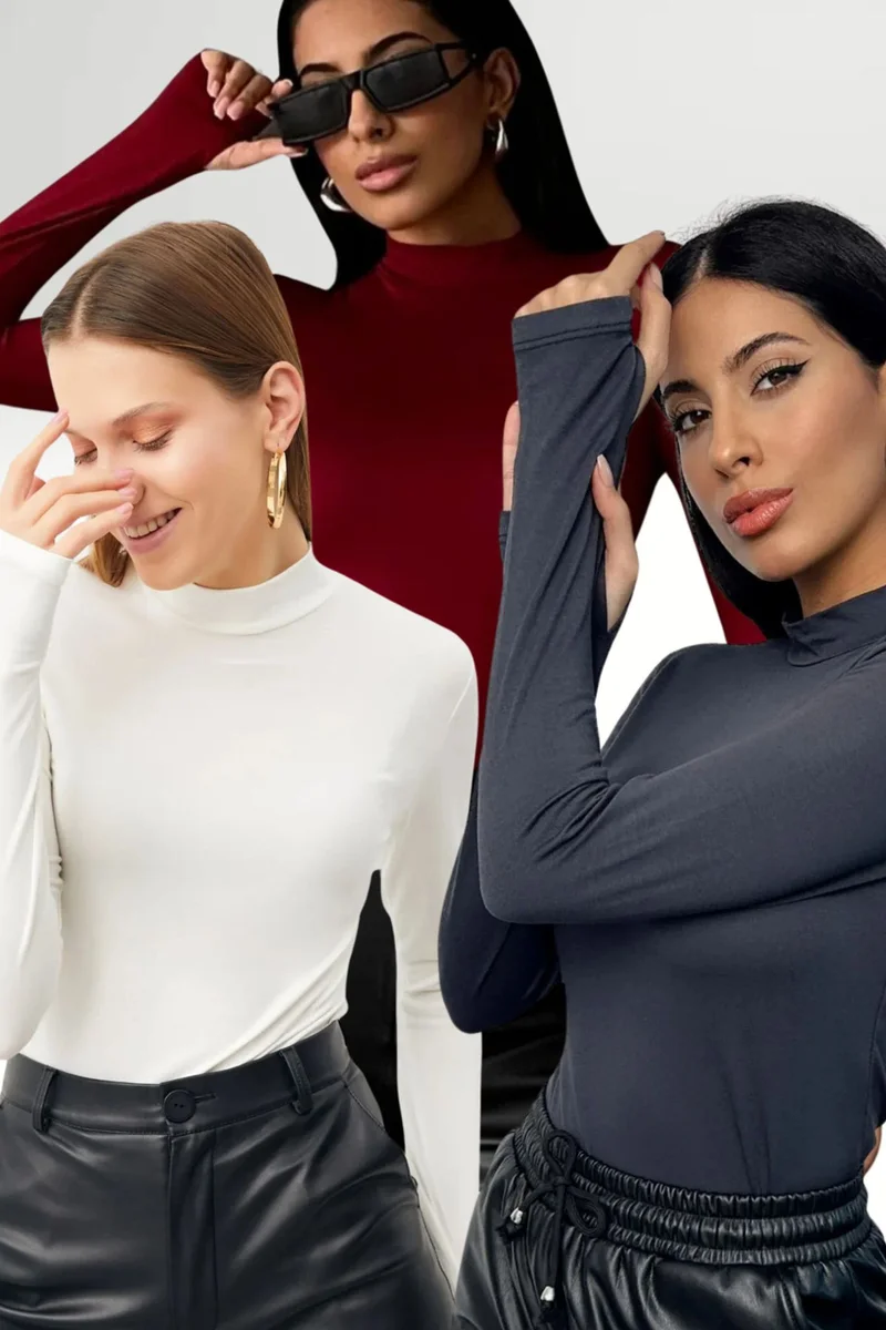 بيبانتولون BIPANTOLON Women's 3-Pack Slim Fit Half Turtleneck Bodysuits