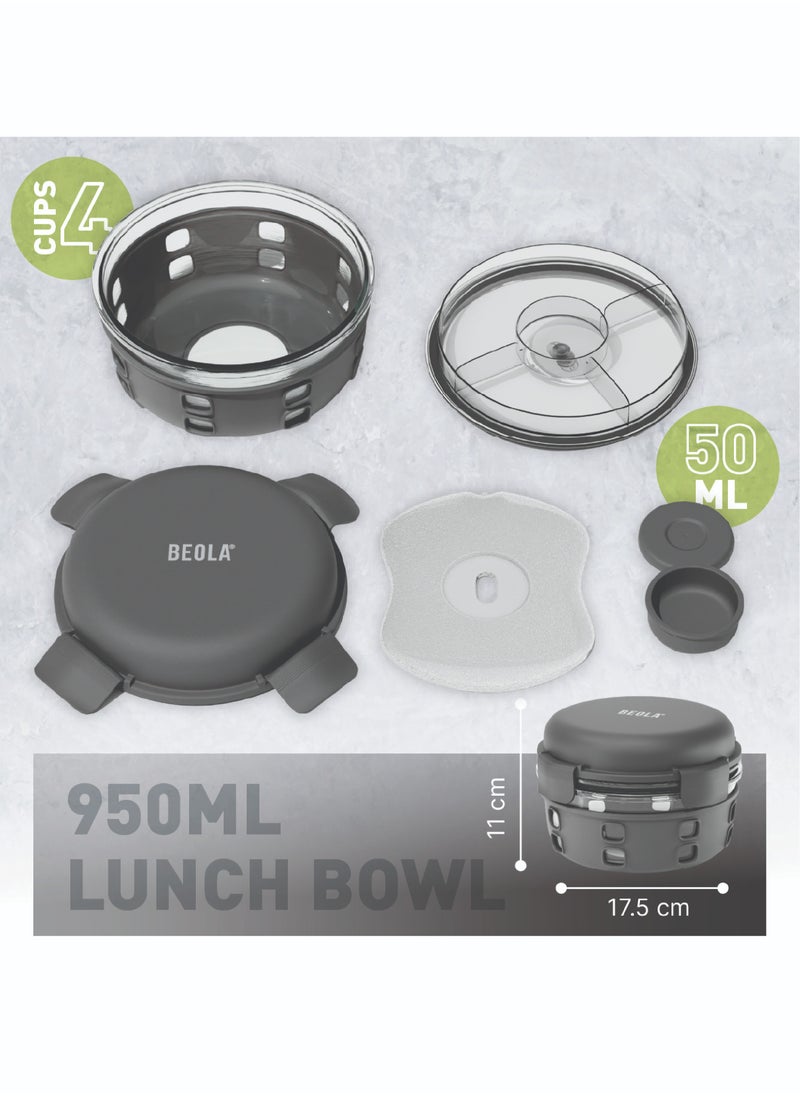 BEOLA Lunch Box, Food Container with Ice Pack, Sauce Cup, 3 Compartment Tray, Borosilicate BPA Free Glass Salad Bowl with Silicone Protection, Freezer, Dishwasher, Microwave Safe, 950ml(Lava Gray)  - Image 3