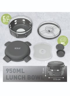 BEOLA Lunch Box, Food Container with Ice Pack, Sauce Cup, 3 Compartment Tray, Borosilicate BPA Free Glass Salad Bowl with Silicone Protection, Freezer, Dishwasher, Microwave Safe, 950ml(Lava Gray)  - Image 3