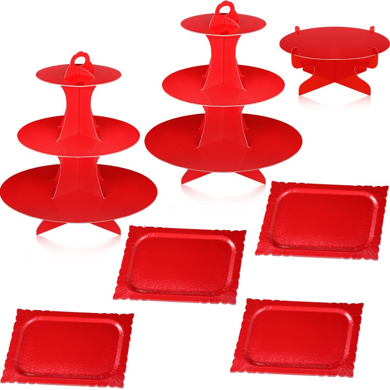 Zopeal 7 Pieces Cake Stand Set 3Tier Cardboard Cupcake Stand 1Tier Cupcake Display Round Rectangle Serving Tray Reusable Platters Cupcake Holders for Desserts Birthday PartyRed