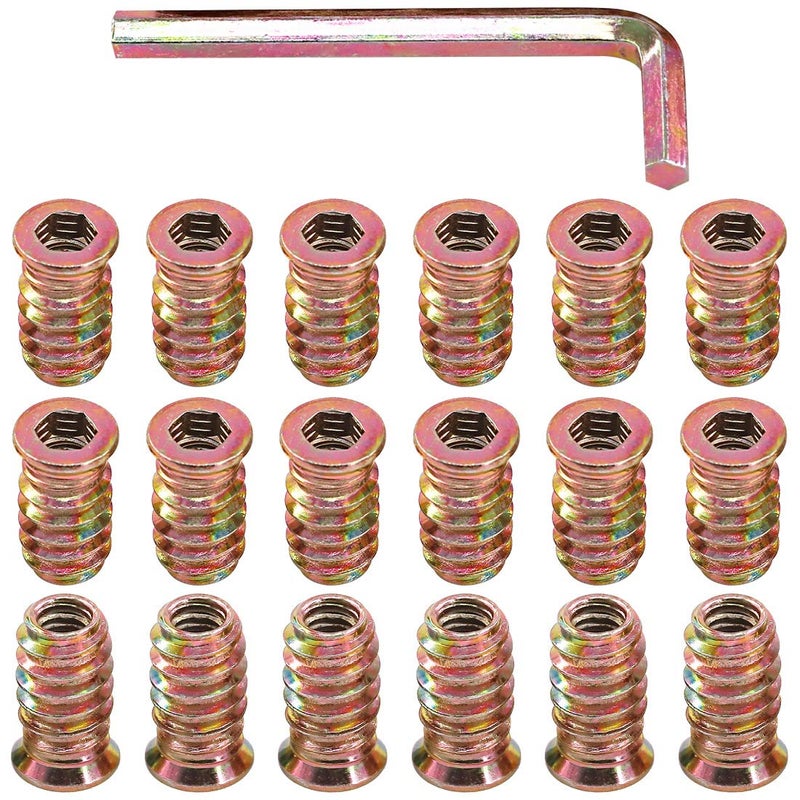 Glarks 50Pcs 1/4"-20x20mm Threaded Inserts Nuts Zinc Plated Carbon Steel Hex Socket Drive Furniture Flanged Screw-in Nut with M6 Hex Wrench for Wood Furniture (1/4"-20 x 20mm) - Image 1