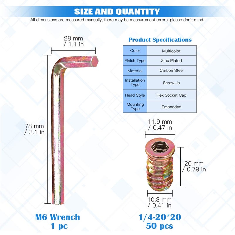 Glarks 50Pcs 1/4"-20x20mm Threaded Inserts Nuts Zinc Plated Carbon Steel Hex Socket Drive Furniture Flanged Screw-in Nut with M6 Hex Wrench for Wood Furniture (1/4"-20 x 20mm) - Image 2