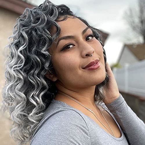 ToyoTree Ocean Wave Crochet Hair - 12 Inch 8 Packs Ombre Gray Mid-Length Curly Deep Wave Crochet Hair, Synthetic Ocean Wave Braiding Hair Extensions (12 Inch,T-Gray-8P) - Image 1