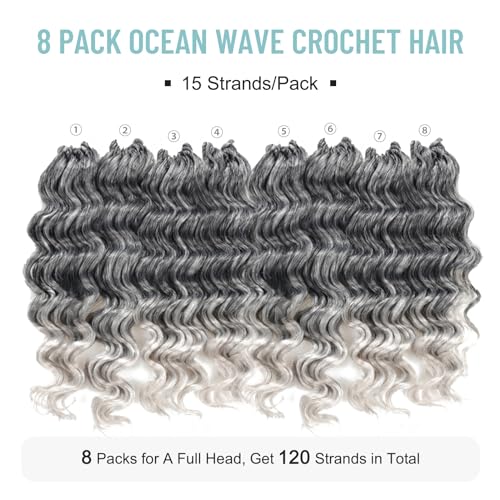 ToyoTree Ocean Wave Crochet Hair - 12 Inch 8 Packs Ombre Gray Mid-Length Curly Deep Wave Crochet Hair, Synthetic Ocean Wave Braiding Hair Extensions (12 Inch,T-Gray-8P) - Image 5
