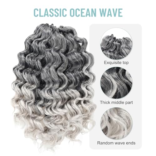 ToyoTree Ocean Wave Crochet Hair - 12 Inch 8 Packs Ombre Gray Mid-Length Curly Deep Wave Crochet Hair, Synthetic Ocean Wave Braiding Hair Extensions (12 Inch,T-Gray-8P) - Image 3