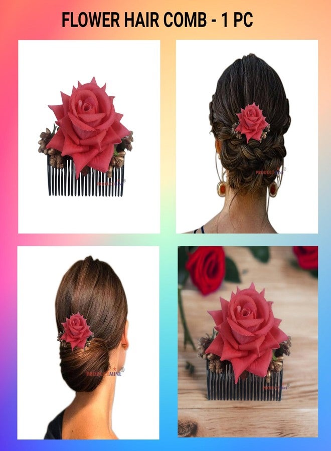 PRODUCTMINE مجموعة منتجات® مشط شعر مزين بالزهور، إكسسوارات شعر مزينة بالزهور، دبوس شعر مزين بالزهور للنساء والفتيات، دبابيس شعر نسائية لحفلات الزفاف - كبير 6 سم، لون أبولي وردي - قطعة واحدة - Image 2