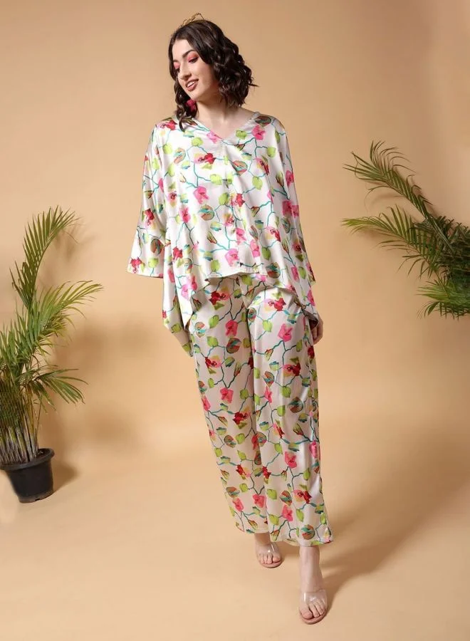 Women Relaxed Fit Floral Long Sleeve Mid Rise Kaftan And Wide Leg Trouser Co-Ords Set