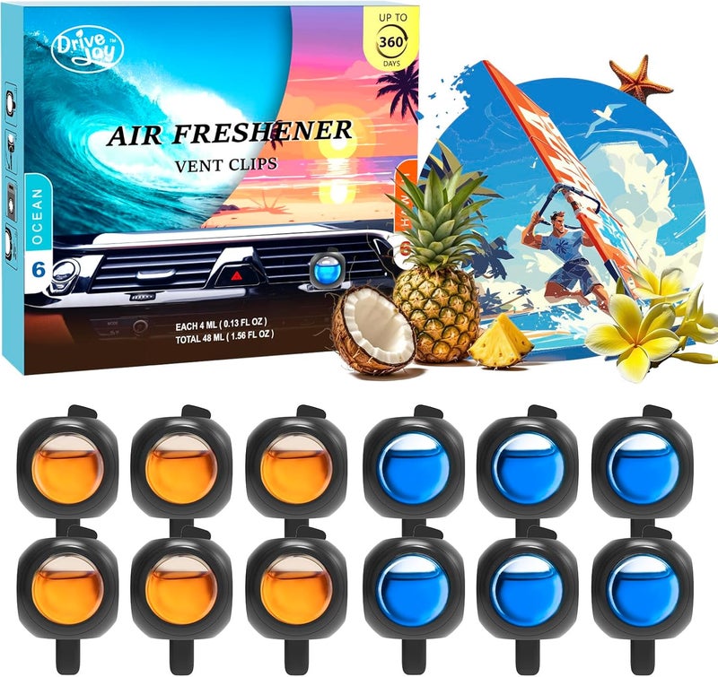 مشابك معطر هواء السيارة للفتحات، عبوة من 12 قطعة، 6 برائحة المحيط، 6 برائحة هاواي، توفر رائحة تدوم طويلاً، حتى 360 يومًا، معطرات السيارة - Image 1