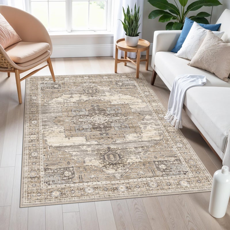 RUUGME Washable Entryway 4x5 Rug- Vintage Area Rug for Living Room Bedroom Kitchen Stain Resistant Carpet Low Pile Ultra-Thin Rugs with Non Slip Backing Home Decor 4X5 Beige - Image 1