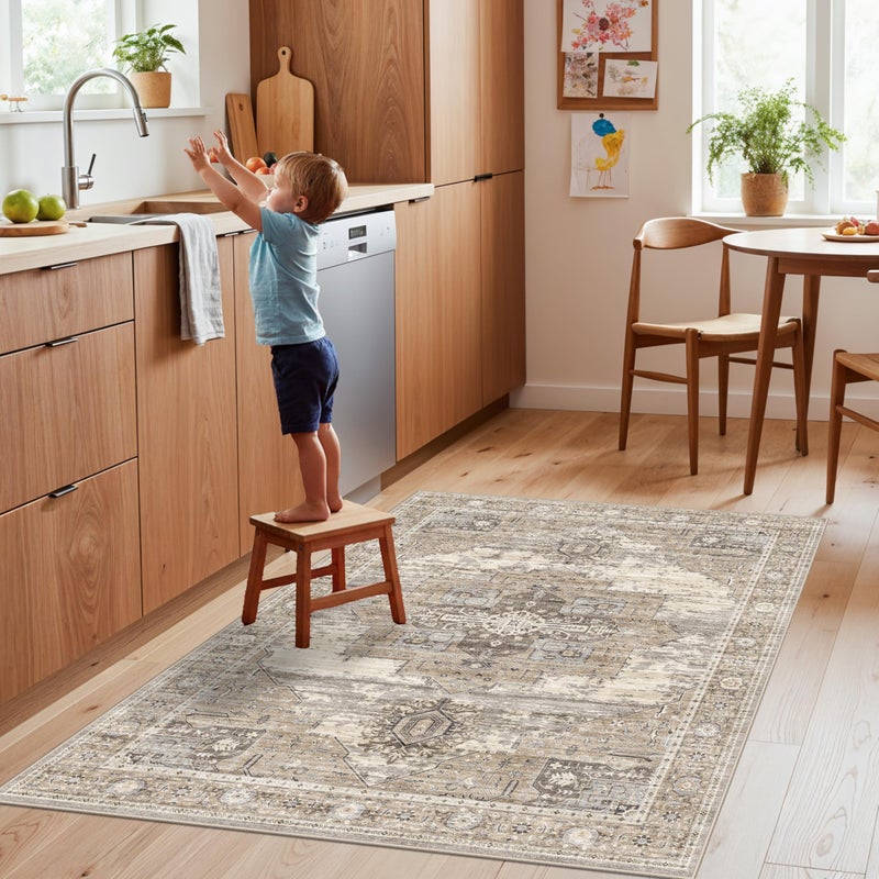 RUUGME Washable Entryway 4x5 Rug- Vintage Area Rug for Living Room Bedroom Kitchen Stain Resistant Carpet Low Pile Ultra-Thin Rugs with Non Slip Backing Home Decor 4X5 Beige - Image 5