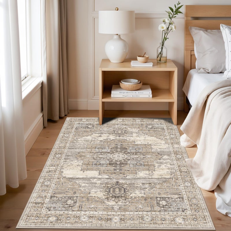 RUUGME Washable Entryway 4x5 Rug- Vintage Area Rug for Living Room Bedroom Kitchen Stain Resistant Carpet Low Pile Ultra-Thin Rugs with Non Slip Backing Home Decor 4X5 Beige - Image 3