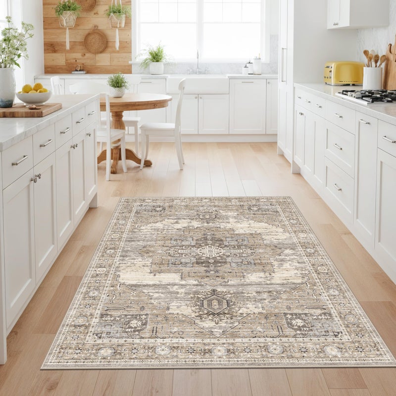 RUUGME Washable Entryway 4x5 Rug- Vintage Area Rug for Living Room Bedroom Kitchen Stain Resistant Carpet Low Pile Ultra-Thin Rugs with Non Slip Backing Home Decor 4X5 Beige - Image 4