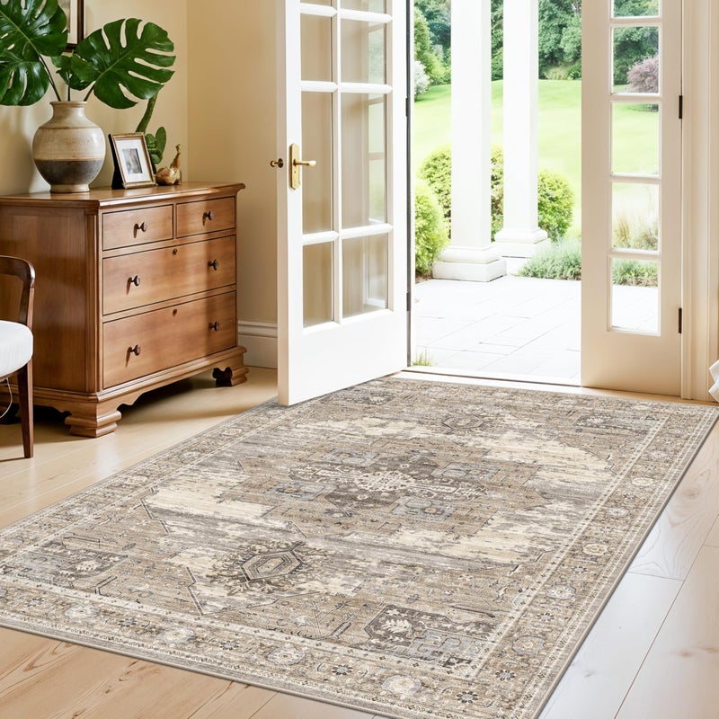 RUUGME Washable Entryway 4x5 Rug- Vintage Area Rug for Living Room Bedroom Kitchen Stain Resistant Carpet Low Pile Ultra-Thin Rugs with Non Slip Backing Home Decor 4X5 Beige - Image 2