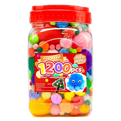 Iooleem Multi-Color Pom Poms, 1200pcs Assorted Size & Color, Pom Poms for Arts and Crafts, Pom Pom Balls with Wiggle Eyes in jar, Glitter Pom Poms, Craft Supplies. - Image 1