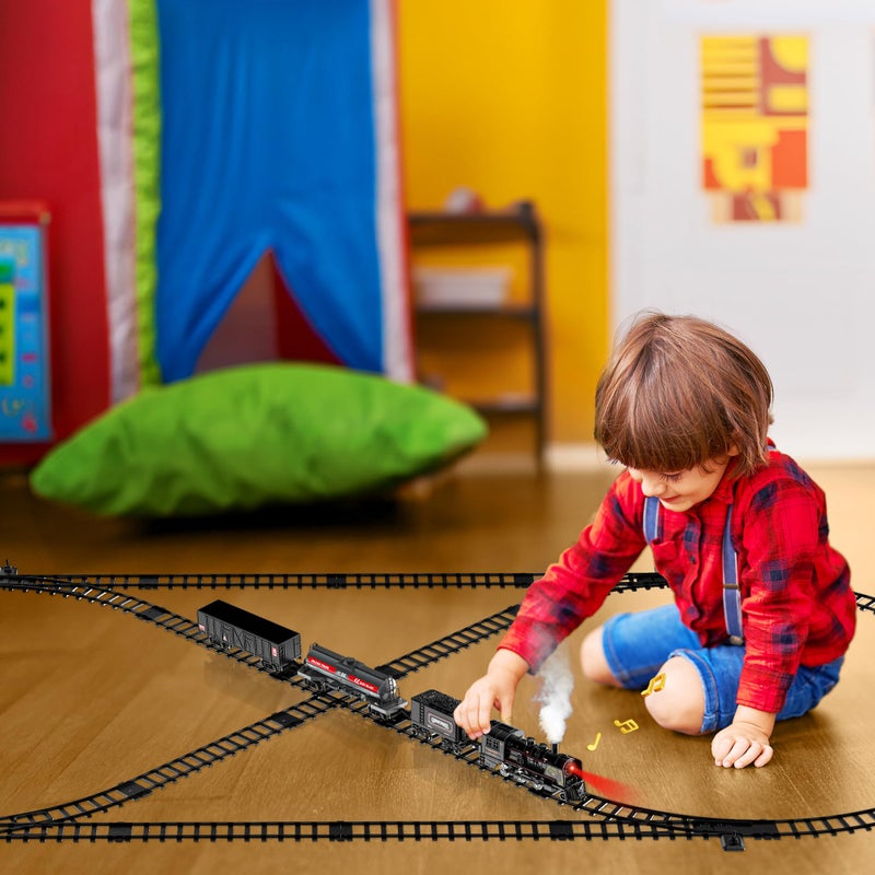 Hot Bee Train Set for Boys, Metal Alloy Electric Trains w/Steam Locomotive, Cargo Cars & Tracks, Train Toys w/Smoke, Sounds & Lights, Christmas Toys Gifts for 3 4 5 6 7 8+ Years Old Kids - Image 3