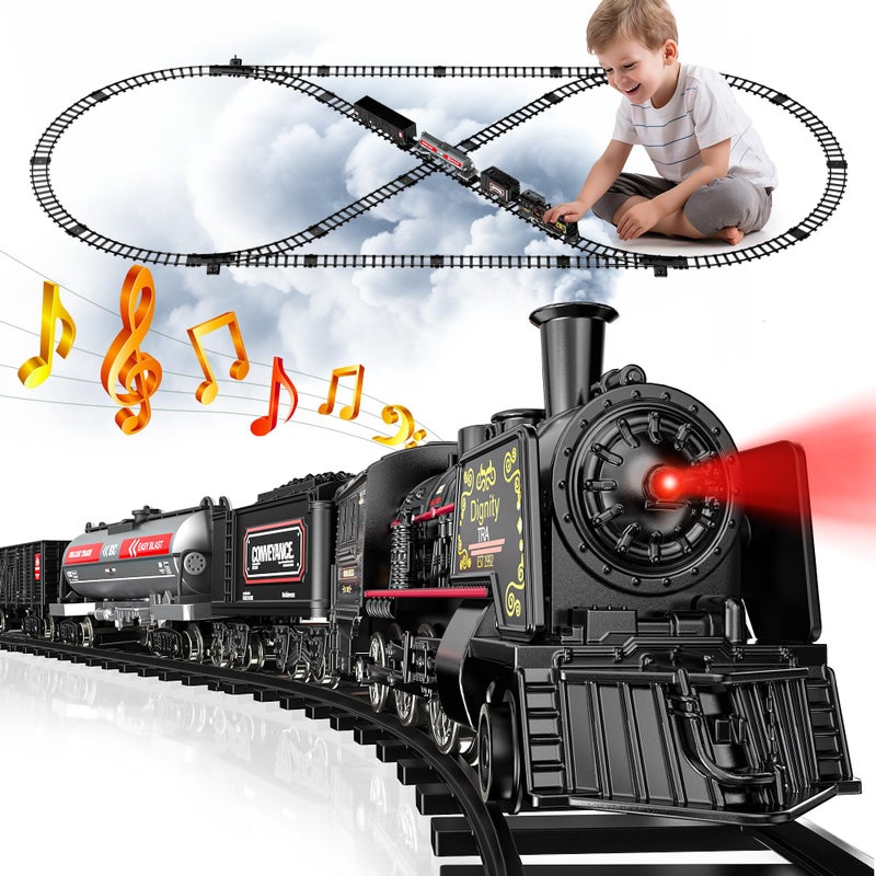 Hot Bee Train Set for Boys, Metal Alloy Electric Trains w/Steam Locomotive, Cargo Cars & Tracks, Train Toys w/Smoke, Sounds & Lights, Christmas Toys Gifts for 3 4 5 6 7 8+ Years Old Kids - Image 1
