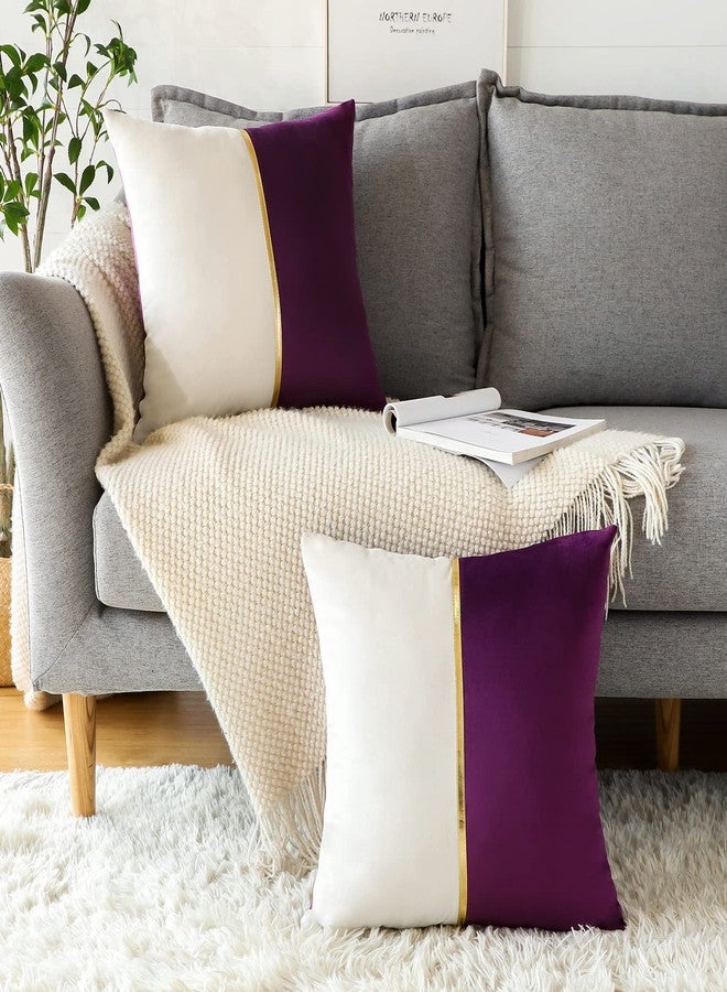 OTOSTAR Purple White Velvet Cushion Covers with Gold Leather Patchwork Luxury Modern Minimalist Square Pillowcase Throw Pillow Covers for Living Room Bed Couch Sofa 18x18Inch Set of 2 - Image 5