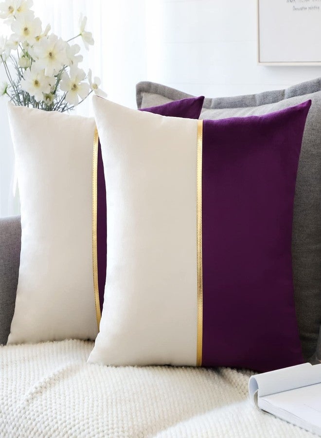 OTOSTAR Purple White Velvet Cushion Covers with Gold Leather Patchwork Luxury Modern Minimalist Square Pillowcase Throw Pillow Covers for Living Room Bed Couch Sofa 18x18Inch Set of 2 - Image 2