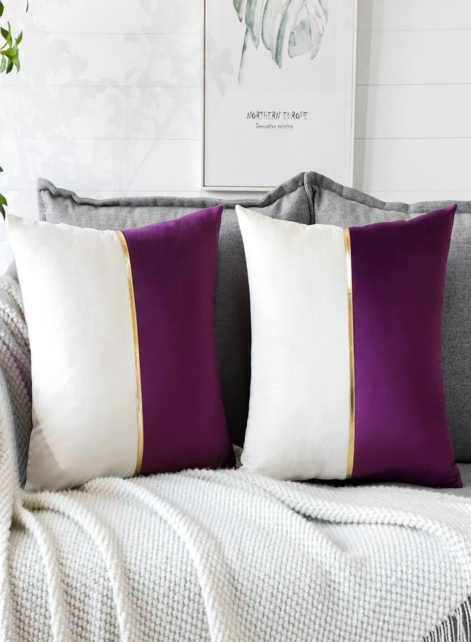 OTOSTAR Purple White Velvet Cushion Covers with Gold Leather Patchwork Luxury Modern Minimalist Square Pillowcase Throw Pillow Covers for Living Room Bed Couch Sofa 18x18Inch Set of 2 - Image 1