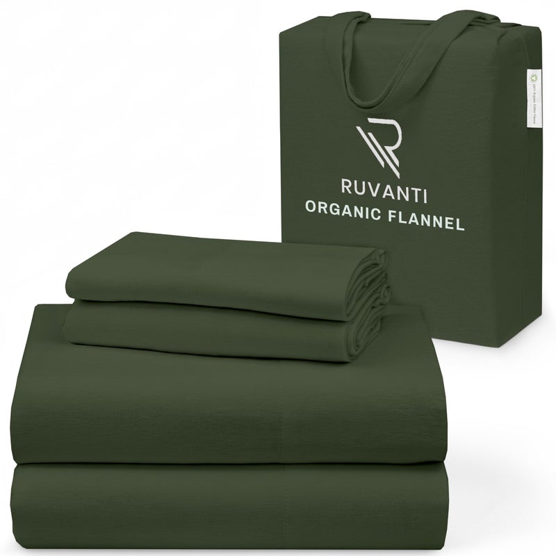 RUVANTI Flannel Sheets Queen Size - GOTS Certified 100% Organic Cotton, 4 Piece Warm, Soft & Breathable Set, Deep Pocket Snug Fit, Double Brushed Cozy All Season Bedding, Riffle Green - Image 1