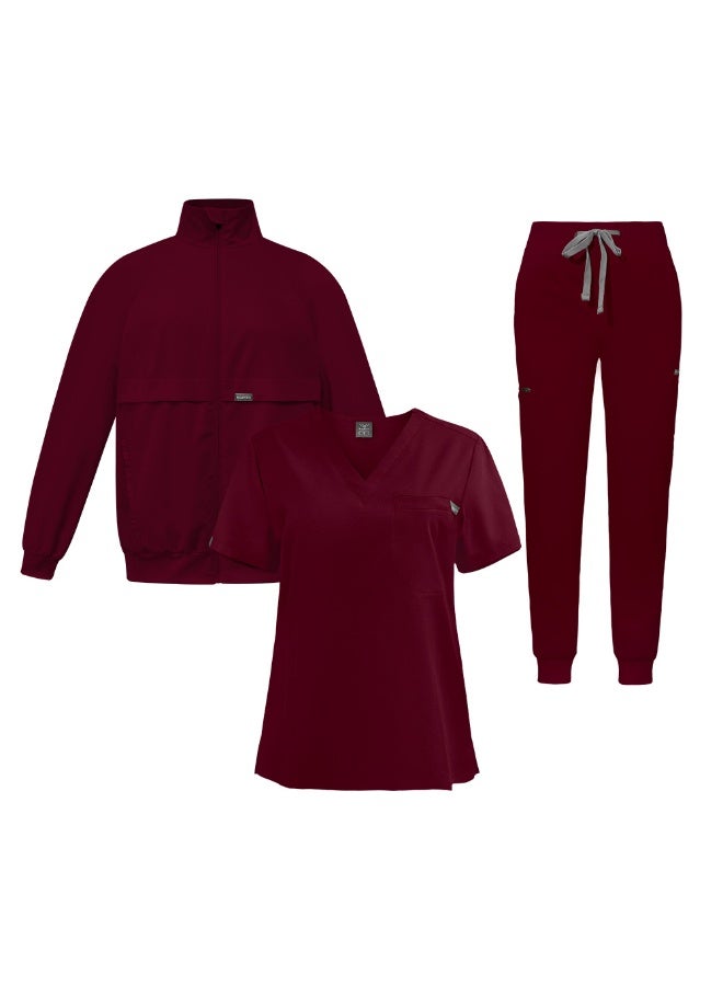 NIBEMINENT Female Loose Comfy V-neck Short Sleeved Top and Trousers and Coat Three Piece Workwear Solid Fall Winter Nurse Caring Clothes - Image 1