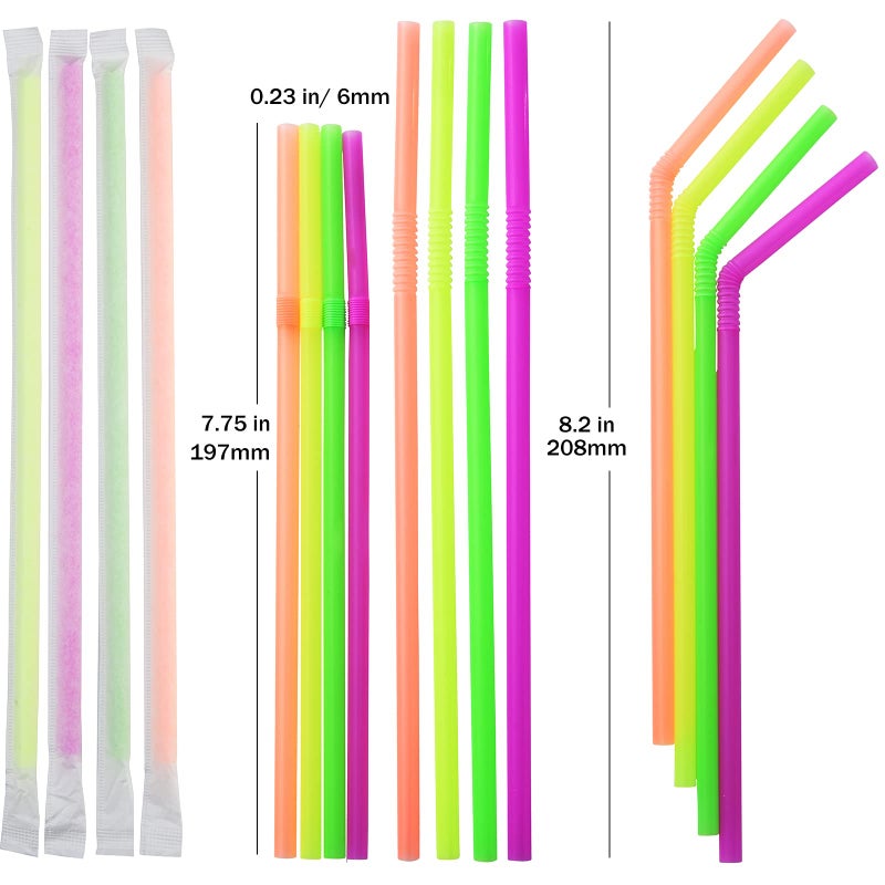 ALINK 1000 Count Neon Flexible Plastic Drinking Straws  Individually Wrapped  Disposable Bendy Straws - 7.75 in x 0.23 in - Image 2