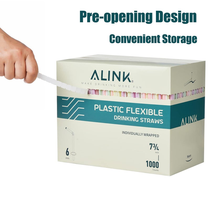 ALINK 1000 Count Neon Flexible Plastic Drinking Straws  Individually Wrapped  Disposable Bendy Straws - 7.75 in x 0.23 in - Image 5