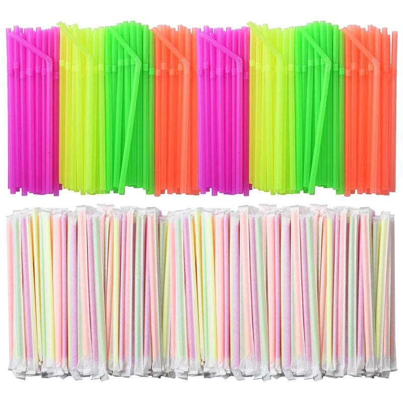 ALINK 1000 Count Neon Flexible Plastic Drinking Straws  Individually Wrapped  Disposable Bendy Straws - 7.75 in x 0.23 in - Image 1