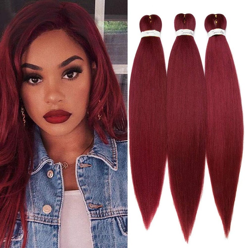 3 Packs EZ Prestretched Braiding Hair Easy Braid Professional Itch Free Synthetic Fiber 26 Corchet Braids Yaki Texture Hot Water Setting Wine Red