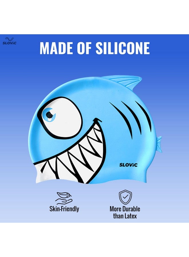 سلوفيك قبعات سباحة مطبوعة عليها سمكة قرش زرقاء من SLOVIC للأطفال | سيليكون مقاوم للماء للأولاد والبنات | قبعات سباحة للأطفال من سن 6 إلى 14 عامًا | بدون سحب للشعر | قبعات سباحة بمقاسات مجانية للأطفال - Image 3