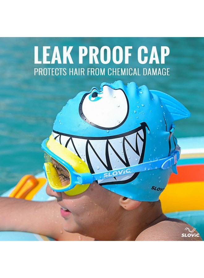 سلوفيك قبعات سباحة مطبوعة عليها سمكة قرش زرقاء من SLOVIC للأطفال | سيليكون مقاوم للماء للأولاد والبنات | قبعات سباحة للأطفال من سن 6 إلى 14 عامًا | بدون سحب للشعر | قبعات سباحة بمقاسات مجانية للأطفال - Image 2