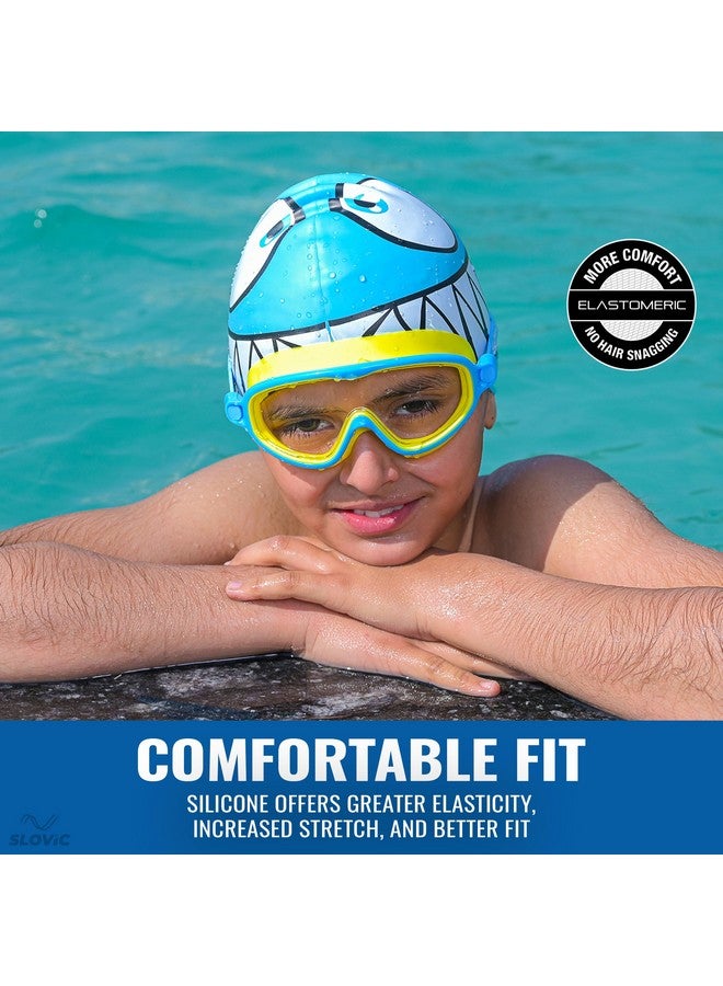سلوفيك قبعات سباحة مطبوعة عليها سمكة قرش زرقاء من SLOVIC للأطفال | سيليكون مقاوم للماء للأولاد والبنات | قبعات سباحة للأطفال من سن 6 إلى 14 عامًا | بدون سحب للشعر | قبعات سباحة بمقاسات مجانية للأطفال - Image 4