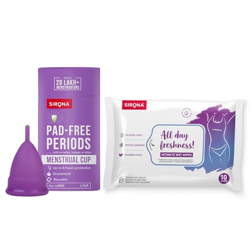 Sirona Reusable Menstrual Cup for Women - Large with pH Balanced Intimate Hygiene Wipes - 10 Wipes - Image 1